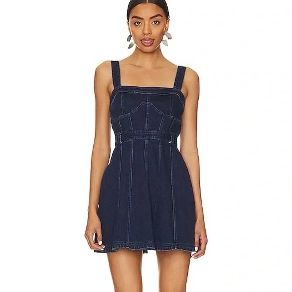 NWT Free People Margot Denim Mini Short Jean Dark Wash Blue Dress Revolve Medium - Picture 1 of 17